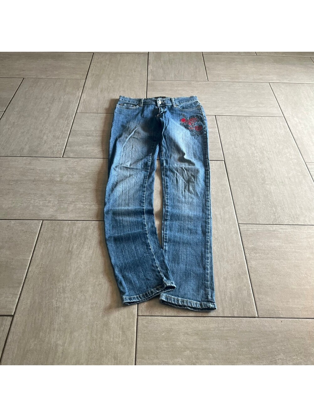 Pura Jeans Blue Skinny Denim Pants with Red Heart Embroidery Size 5